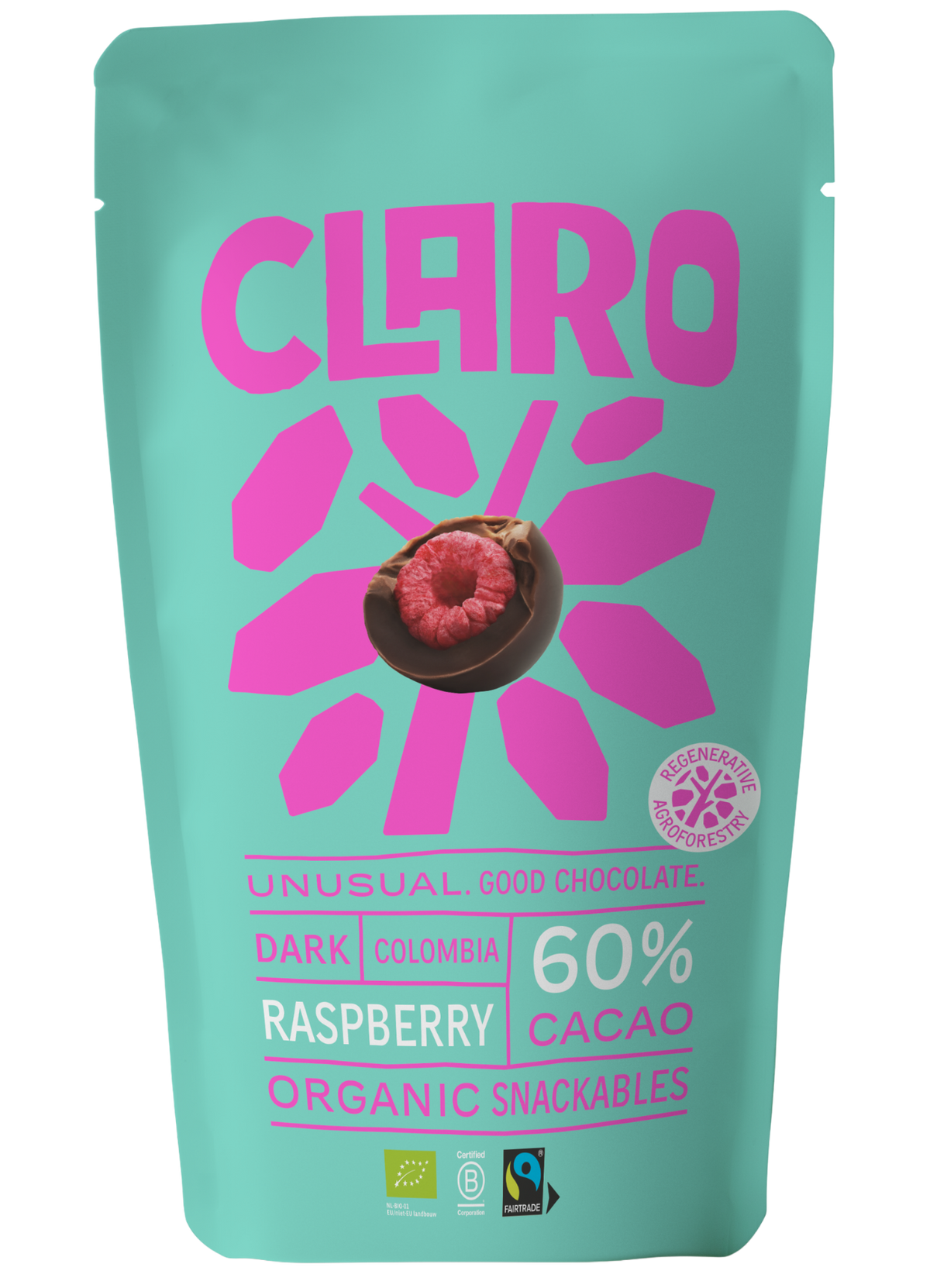 Claro snackables packaging with illustration of the chocolate snack with a raspberry inside