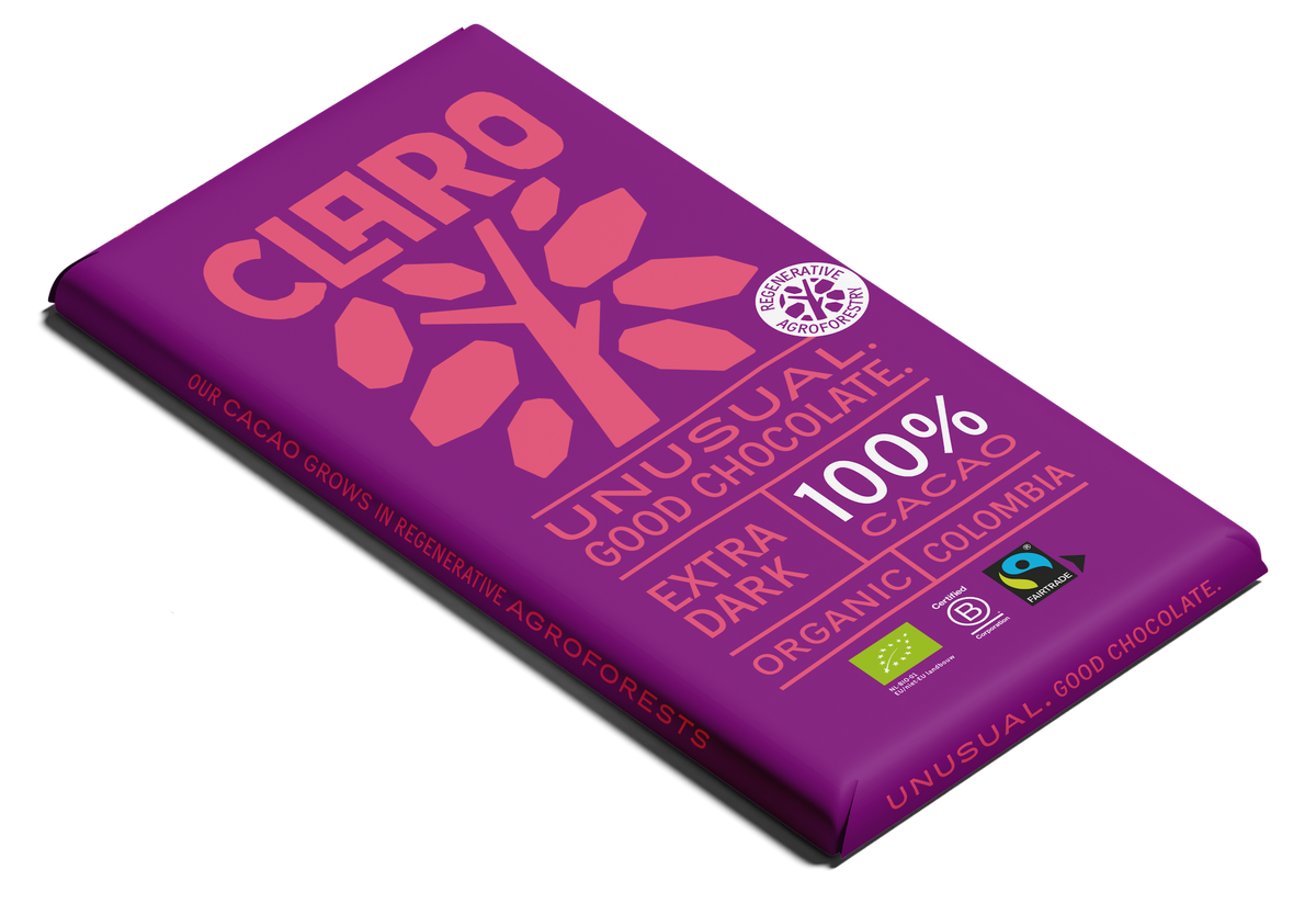 Claro 100% cacao chocolate bar packaging