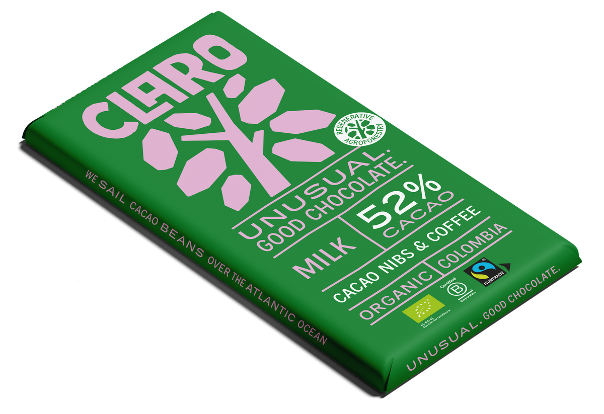 Green Claro chocolate bar packaging with text 