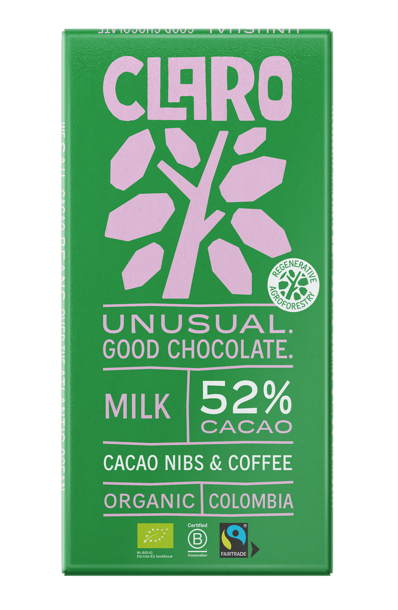 Claro milk chocolate bar packaging with 52% cacao 