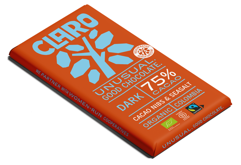 Claro 75% cacao chocolate bar packaging