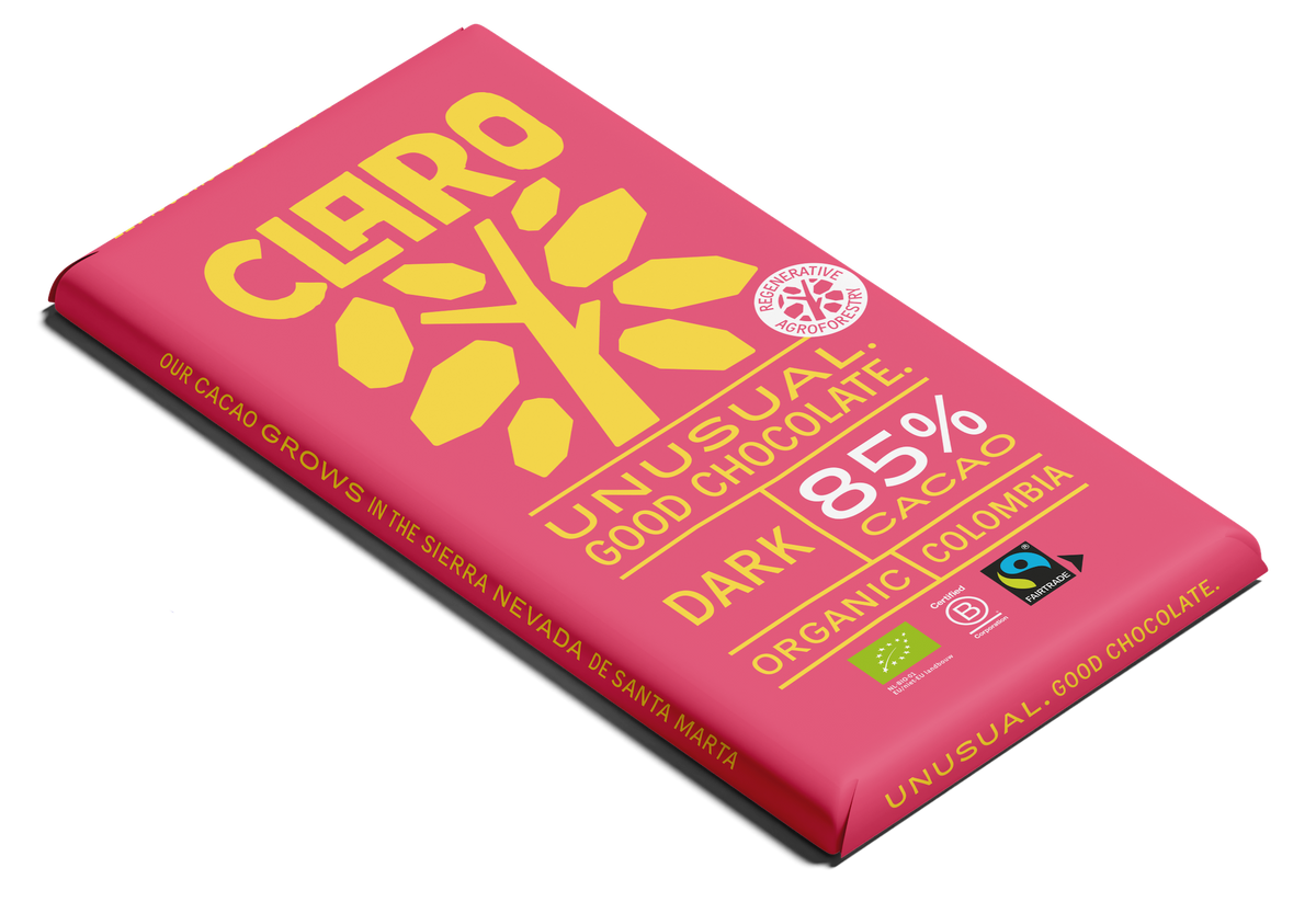 Claro 85% cacao chocolate bar packaging