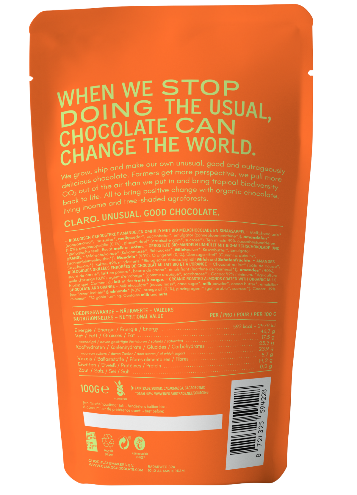 Back of orange chocolate packaging with text and a barcode