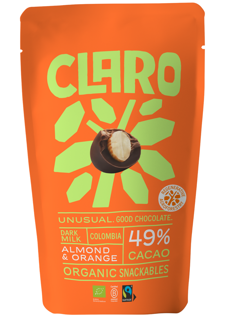 Orange packaging of Claro snackables with a illustration of the chocolate snack with an almond inside.