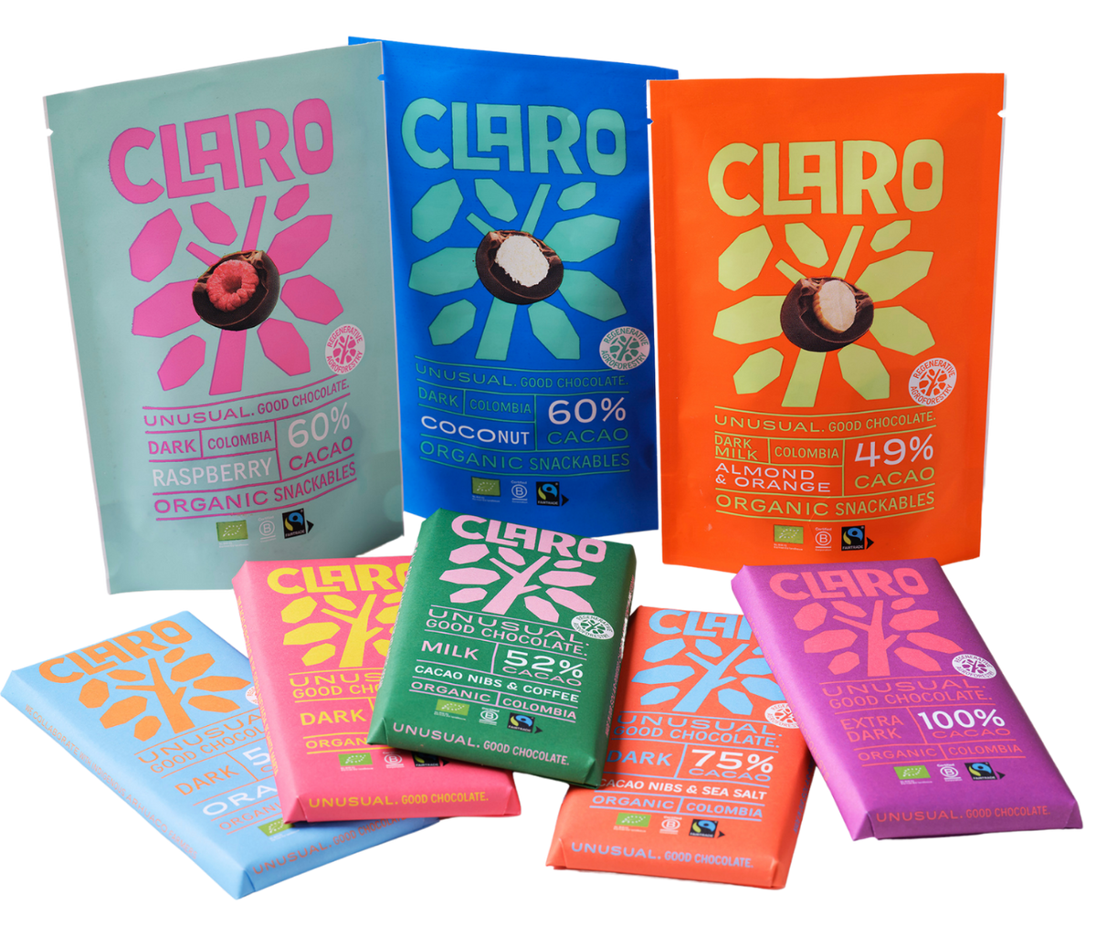 Assorted Claro chocolate bars and snackaables in various flavors 