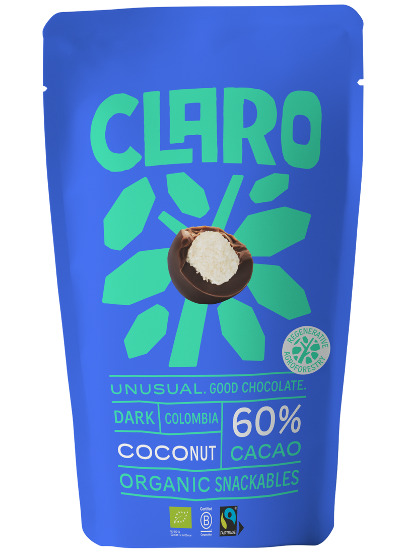 Claro chocolate snackables packaging with illustration of a chocolate snack with coconut inside