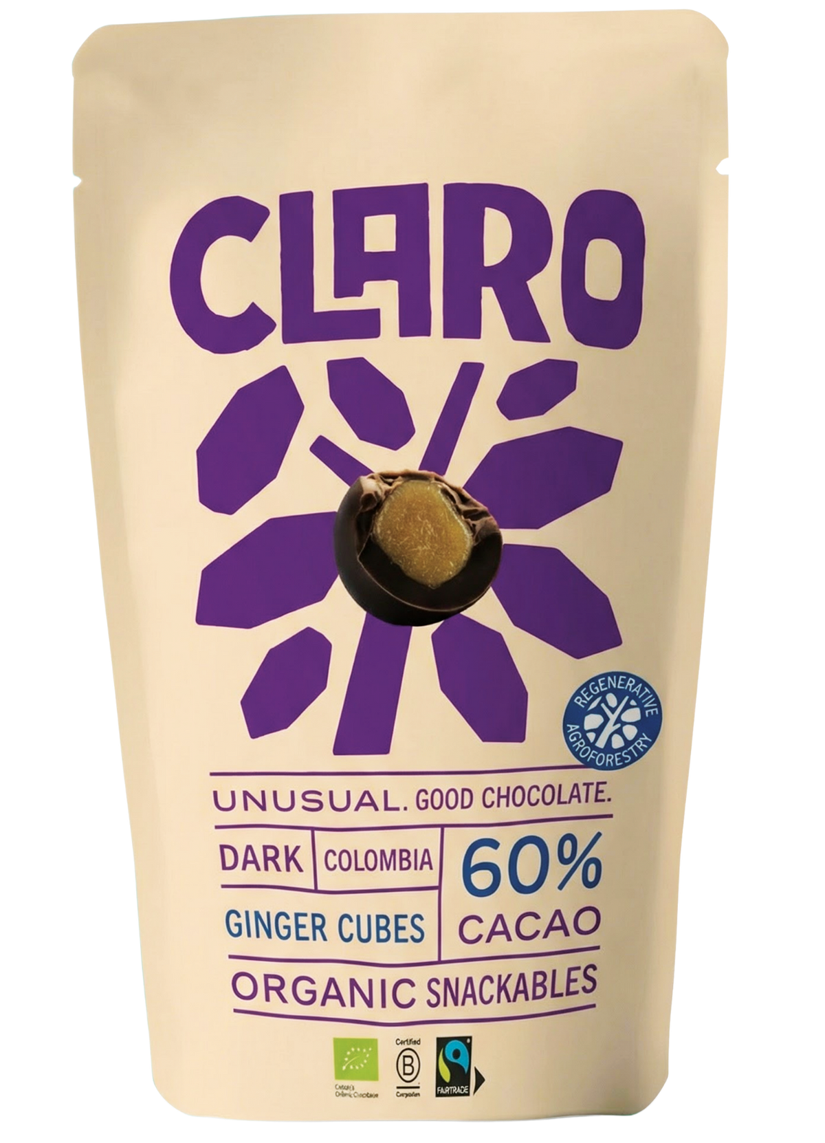 Claro organic snackable packaging with illustration of the chocolate snack with the ginger cube inside