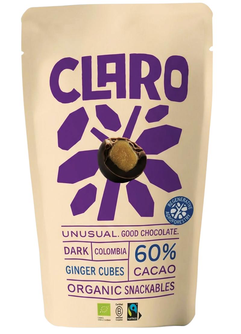 Claro organic snackable packaging with illustration of the chocolate snack with the ginger cube inside